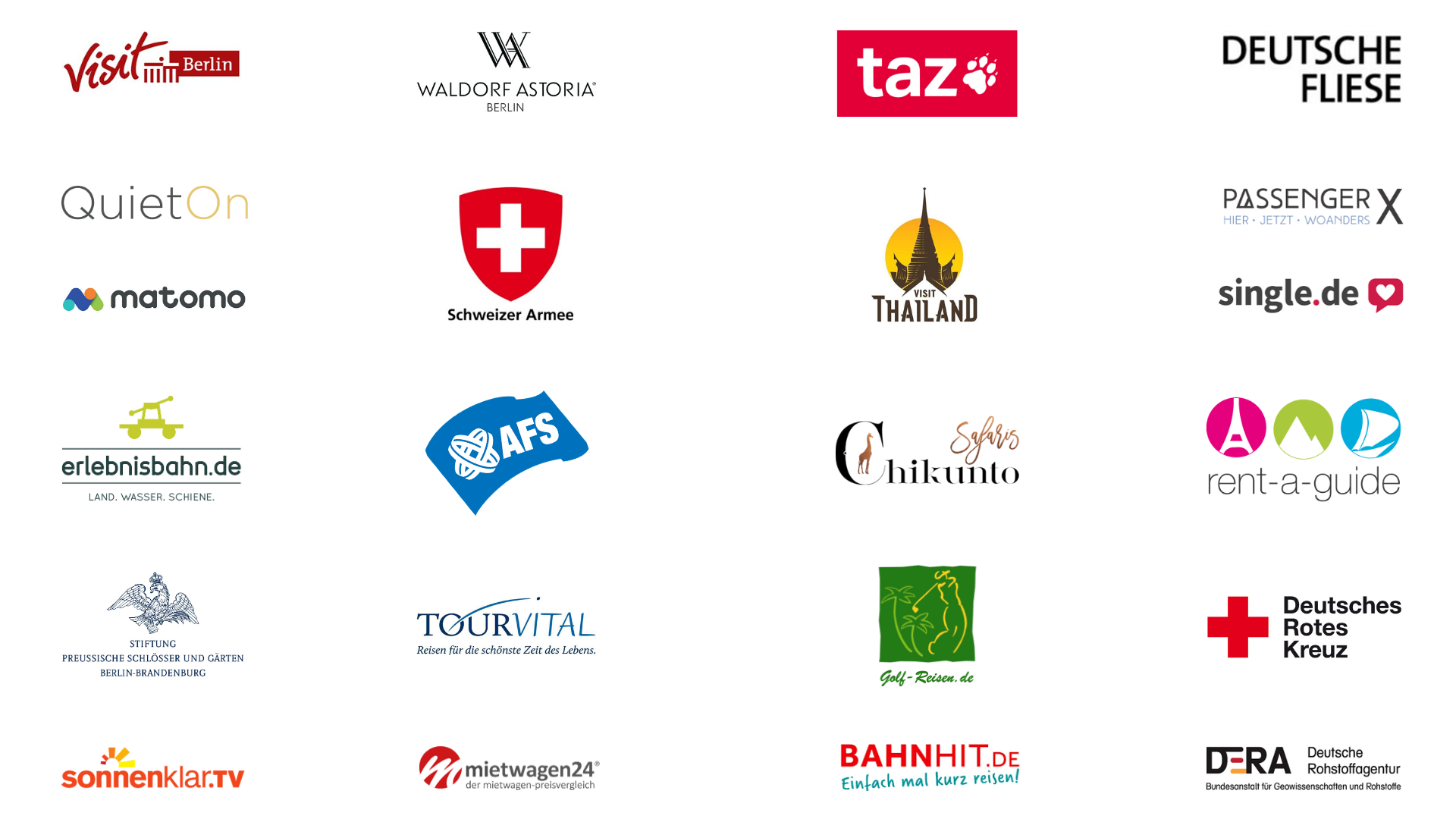 Referenzen Argo.Berlin: Waldorf Astoria Berlin, taz, Visit Berlin, Deutsche Fliese, QuietOn, Schweizer Armee, Visit Thailand, PassengerX, Single.de, Erlebnisbahn.de, AFS, Chikunto Safaris, Rent A Guide, Stiftung Preußische Museen und Gärten Berlin-Brandenburg, TourVital, Golf-Reisen.de, Deutsches Rotes Kreuz, Sonnenklar.tv, Mietwagen24.de, Bahnhits.de, DERA – Deutsche Rohstoffagentur, matomo u.v.m.
