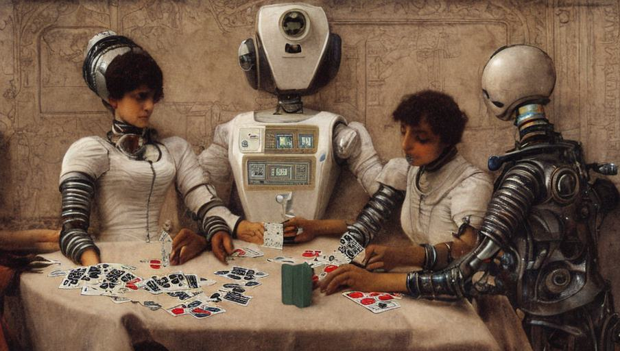 Symbolbild: 3 robots playing cards, in the style of Alma Tadema